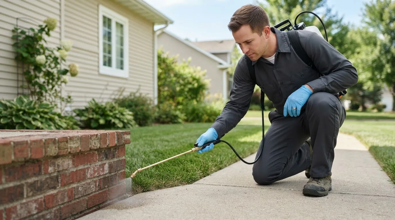 Pest control technician treating a home in New Hampshire